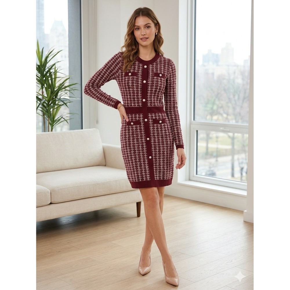 BCX Dress Womens Medium Burgundy Plaid Pearl Button Boucle‎ Sweater Dress